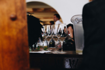 White and rose wine tasting close up view. Drop wine carafe.