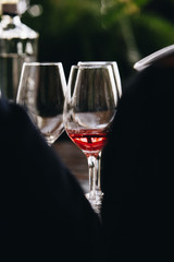 White and rose wine tasting close up view. Drop wine carafe.