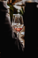 Fototapeta na wymiar White and rose wine tasting close up view. Drop wine carafe.