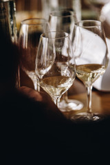 White and rose wine tasting close up view. Drop wine carafe.