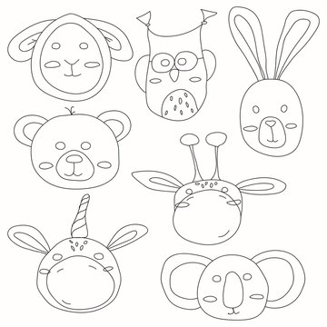 Cute icons set of animals head of rabbit, bear, giraffe, owl, unicorn, sheep and koala.Vector flat illustration in doodle style isolated on white background.
