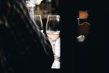 White and rose wine tasting close up view. Drop wine carafe.