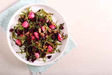 Beetroot, mozzarella, rocket and walnut