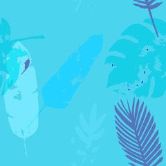 Fototapeta na wymiar Palm, Banana Leaves Vector Seamless Pattern, Blue Pink Purple Indigo Floral Textile. Sketched 