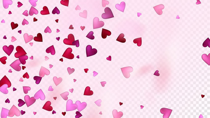 Flying Hearts Vector Confetti. Valentines Day Tender Pattern. Elegant Gift, Birthday Card, Poster Background Valentines Day Decoration with Falling Down Hearts Confetti. Beautiful Pink Frame