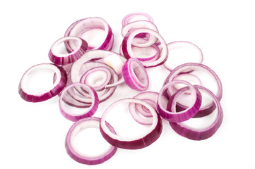 Red onion sliced rings on a white background