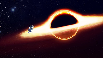 black hole and a disk of glowing plasma. The fall of the astronaut at the event horizon, gravity © Ulia Koltyrina