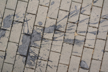 Dark blot and stain on the surface of pavement, cobble, and cobblestone. Abstract dirt on the...