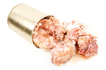 Canned pork meat on white background