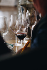 White, red and rose wine tasting close up view. Drop wine carafe.
