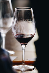 White, red and rose wine tasting close up view. Drop wine carafe.