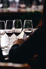White, red and rose wine tasting close up view. Drop wine carafe.