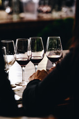 White, red and rose wine tasting close up view. Drop wine carafe.