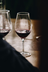 White, red and rose wine tasting close up view. Drop wine carafe.