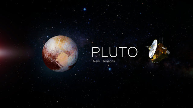 Pluto and the new horizons mission, deep space exploration, planet and inscription
