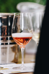 White, red and rose wine tasting close up view. Drop wine carafe.