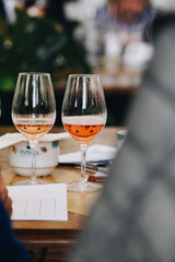White, red and rose wine tasting close up view. Drop wine carafe.