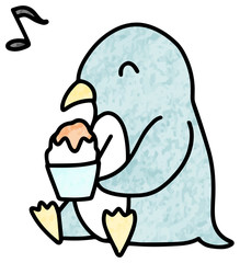 かき氷を食べるペンギンのイラスト(色鉛筆風)