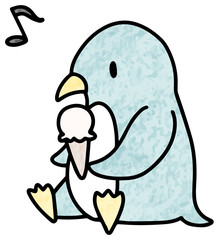 アイスを食べるペンギンのイラスト(色鉛筆風)