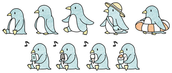 かき氷を食べるペンギンのイラスト 色鉛筆風 Wall Mural Mocha