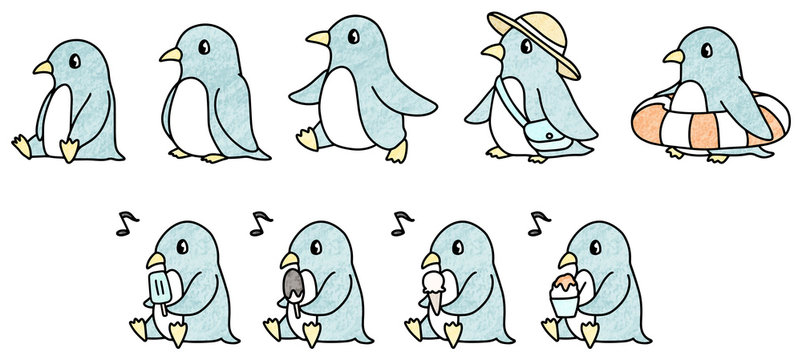 ペンギンのイラストセット(色鉛筆風)