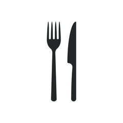 Fork and knife icon logo. Simple flat shape sign. Restaurant cafe kitchen diner place menu symbol. Vector illustration image. Black silhouette isolated on white background.