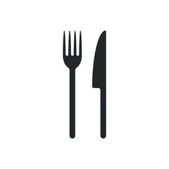 Fork and knife icon logo. Simple flat shape sign. Restaurant cafe kitchen diner place menu symbol. Vector illustration image. Black silhouette isolated on white background.