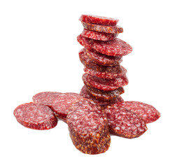 Smoked sausage slices stack on white background