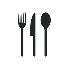 Fork knife and spoon icon logo. Simple flat shape sign. Restaurant cafe kitchen diner place menu symbol. Vector illustration image. Black silhouette isolated on white background.