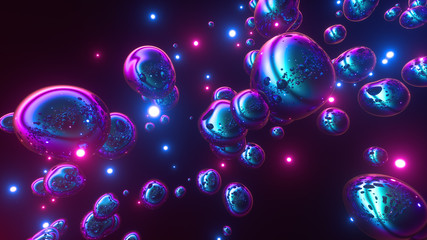Holographic bubbles. Abstract creative colorful background. Beautiful smooth flow of balls, neon spheres, trendy vibrant colours, soft pulsation. 3d rendering