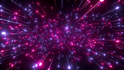 Obraz premium Abstract bright creative cosmic background. Hyper jump into another galaxy. Speed of light, neon glowing rays in motion. Beautiful fireworks, colorful explosion, big bang. Falling stars. 3d rendering