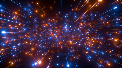 Obraz premium Abstract bright creative cosmic background. Hyper jump into another galaxy. Speed of light, neon glowing rays in motion. Beautiful fireworks, colorful explosion, big bang. Falling stars. 3d rendering