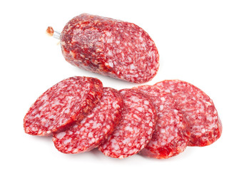 Sliced smoked sausage on white background