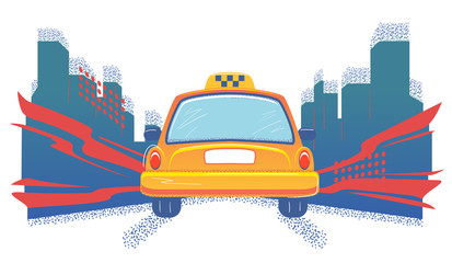 Taxi cab in the city back view. Flat banner template on white background. Empty space for number. Yellow auto car vector illustration. Isolated transportation service sign. Rearview concept