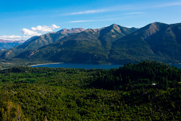 View of Perito Moreno Lake and the mountains taken from Mount Campanario viewpoint (Cerro Campanario). Bariloche, Argentina