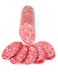 Sliced smoked sausage on white background