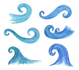 Watercolor collection of decorative waves. 