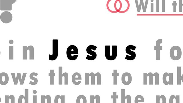 Zooming out animation on the name Jesus highlighted in multiple texts that are looking to be media news articles and blog posts of different sources. White background.