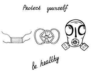 Set of linear vector monochrome hand-drawn icons. Medical mask, respirator, gas mask, handwritten text 