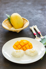 Ripe mango slice and sticky rice white plate