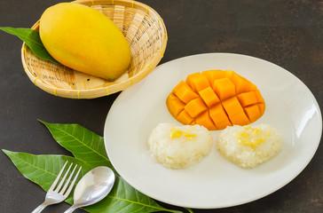 Ripe mango slice and sticky rice white plate