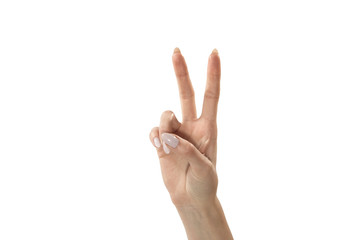Naklejka premium the female hand shows gesture a victory is isolated on a white 