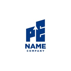 PE monogram logo with a negative space style arrow up design template