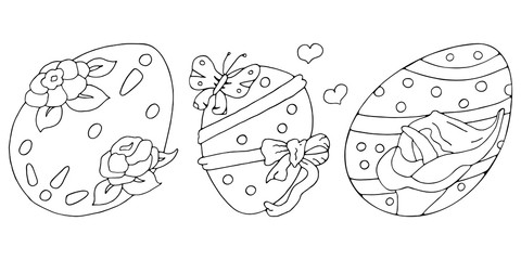 Set of beautiful easter painted eggs. Flowers roses, calla lilies, bow, butterfly. Happy Easter. Coloring page. Vector hand drawn illustrations set. Black and white isolated on white background.