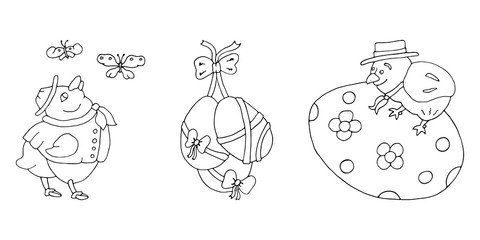 Easter set. Dressed birds easter chickens. Painted Easter Eggs. Happy Easter. Coloring page. Vector hand drawn illustrations set. Black and white isolated on white background.