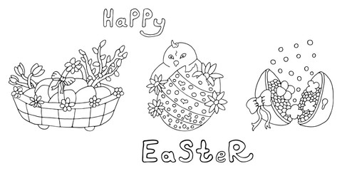 Happy Easter. Set of easter painted eggs, easter basket, easter chicken, casket. Coloring page. Vector hand drawn illustrations set. Black and white isolated on white background.