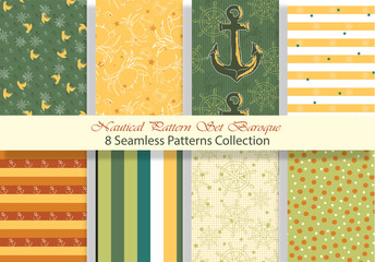 Nautical Pattern Set inspired by adventures on the seas. Baroque color palette. Anchor, ship wheel, telescope, crab ... It fits any surface you like, T-Shirt, Wall Coverings, Bed Linen, Wrapping Paper