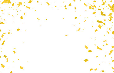 Many Falling Gold color Tiny Confetti And Ribbon On White Background
