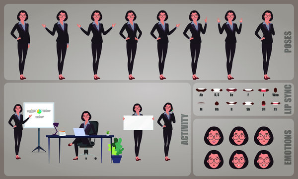 Business woman or office worker character Set. Collection of character body Poses, facial gestures, Business activities and Lip syncs poses. Ready-to-use and animate, character set. Vector.