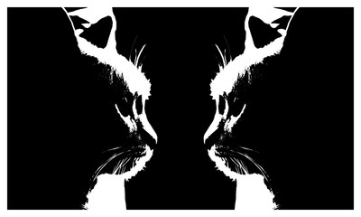 monochrome black and white real silhouettes of cat heads in profile isolated on a  black background 